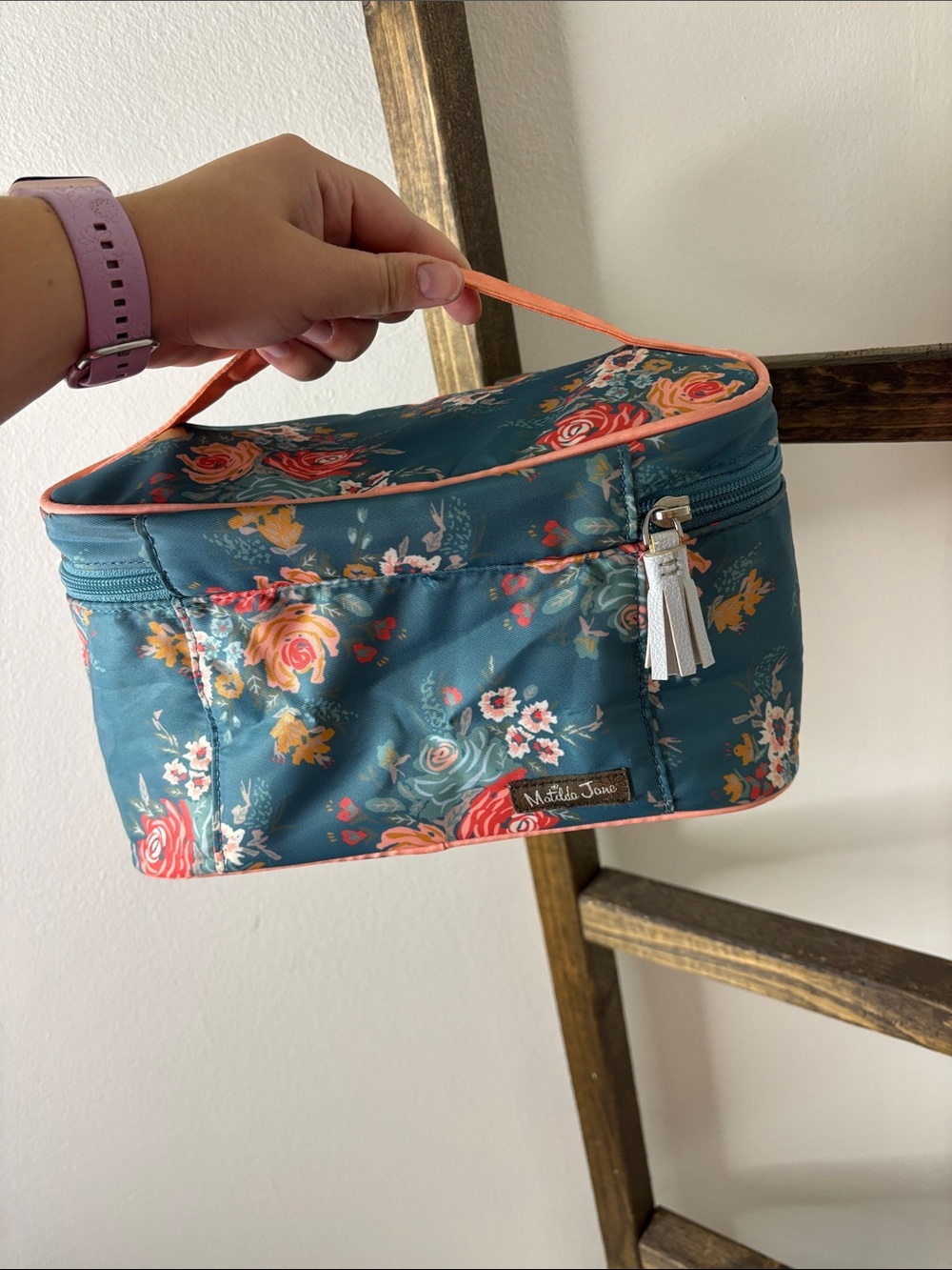Matilda Jane Teal Floral Cosmetic Bag with Pink Trim